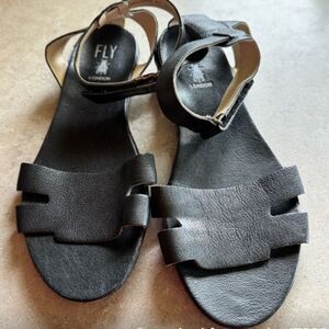 Fly London Black Leather Ankle Strap Sandals